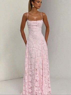 Baby Pink Lace Up Maxi Dress with Spaghetti Straps (Prom, Evening Gown)